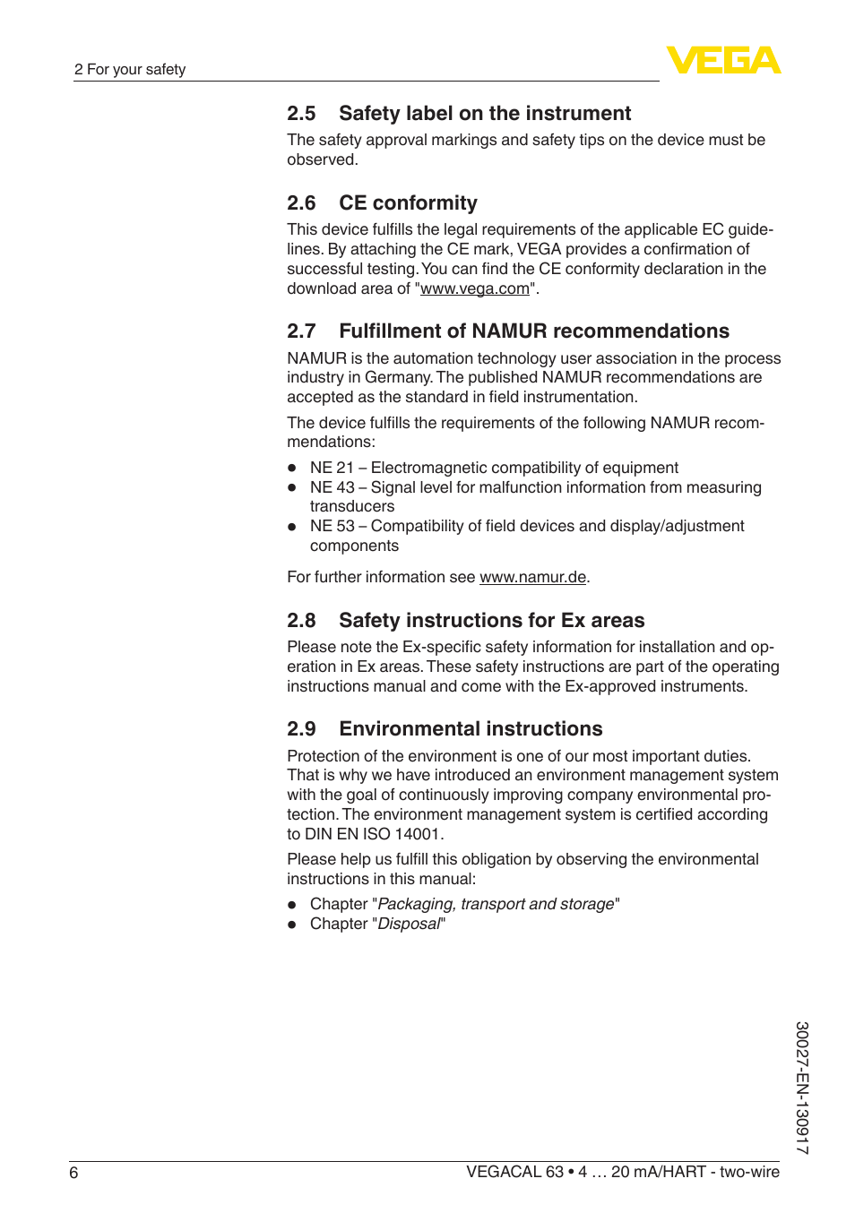 5 safety label on the instrument, 6 ce conformity, 7 fulfillment of namur recommendations | 8 safety instructions for ex areas, 9 environmental instructions | VEGA VEGACAL 63 4 … 20 mA_HART - two-wire User Manual | Page 6 / 52