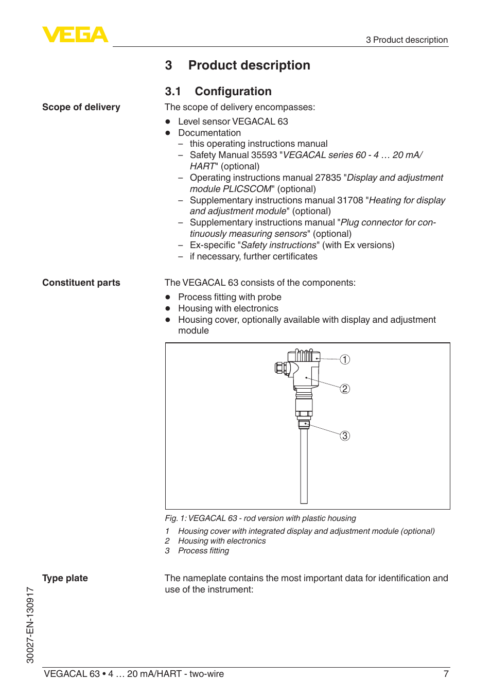 3 product description, 1 configuration | VEGA VEGACAL 63 4 … 20 mA_HART - two-wire User Manual | Page 7 / 52