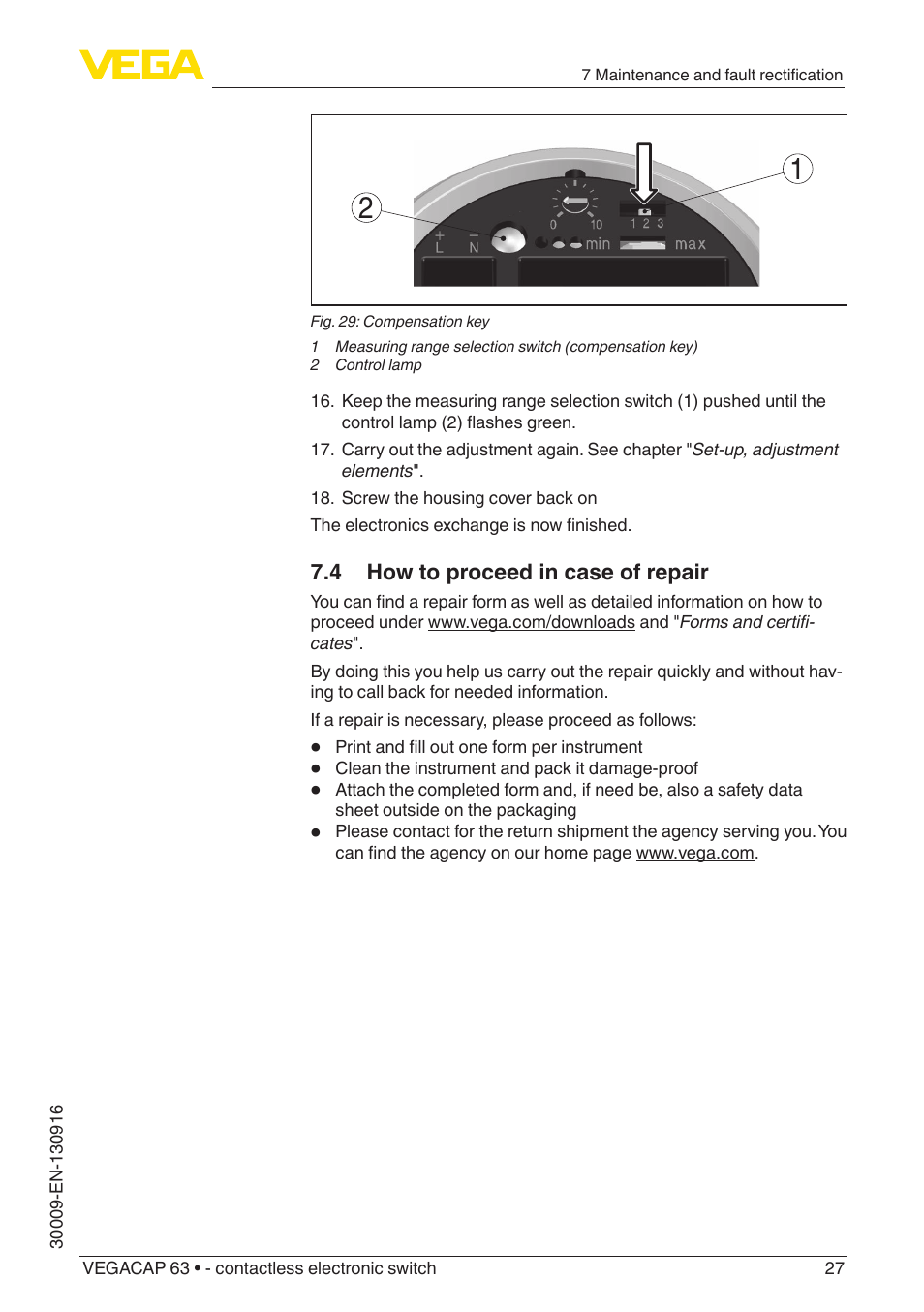 4 how to proceed in case of repair | VEGA VEGACAP 63 - contactless electronic switch User Manual | Page 27 / 36