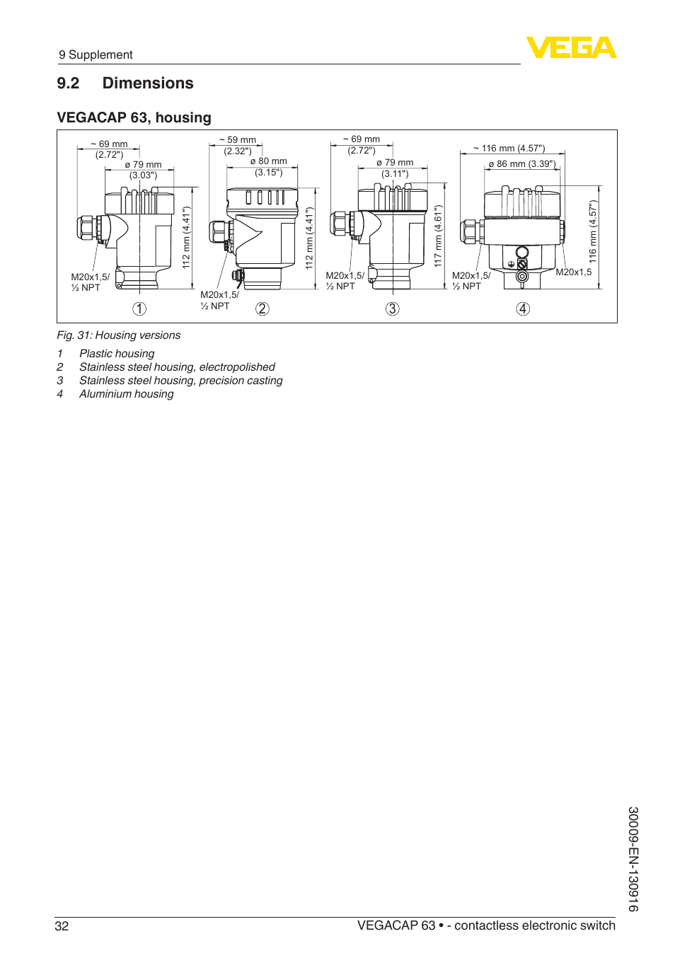 2 dimensions, Vegacap 63, housing | VEGA VEGACAP 63 - contactless electronic switch User Manual | Page 32 / 36