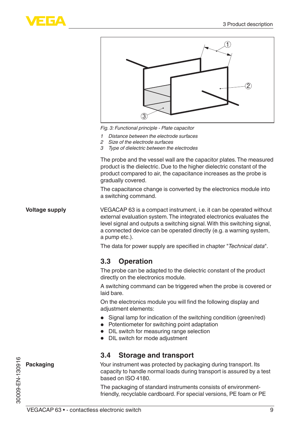 3 operation, 4 storage and transport | VEGA VEGACAP 63 - contactless electronic switch User Manual | Page 9 / 36