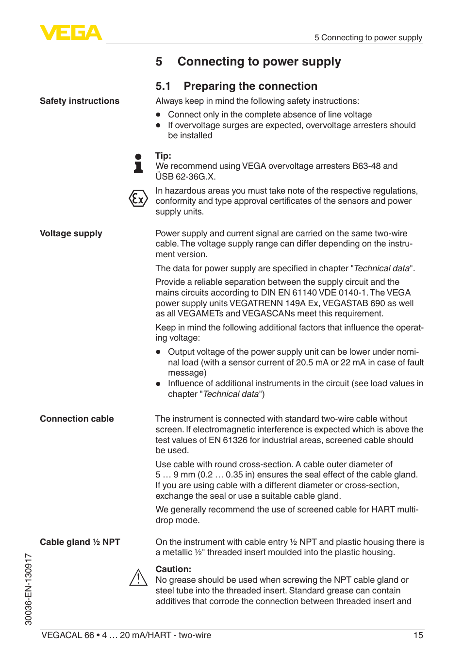 5 connecting to power supply, 1 preparing the connection | VEGA VEGACAL 66 4 … 20 mA_HART - two-wire User Manual | Page 15 / 52