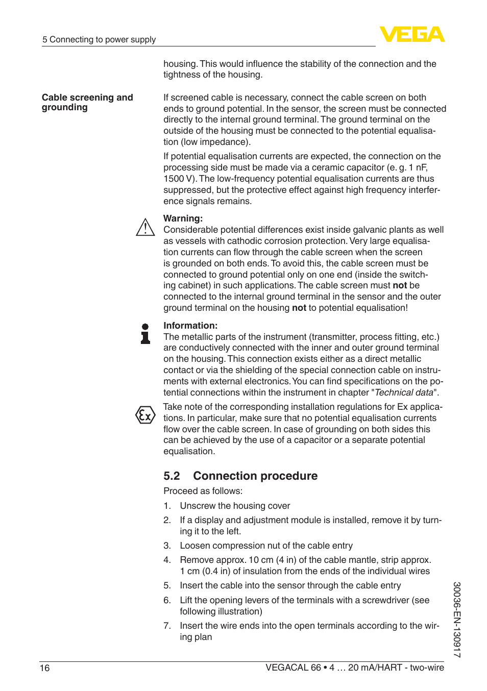 2 connection procedure | VEGA VEGACAL 66 4 … 20 mA_HART - two-wire User Manual | Page 16 / 52