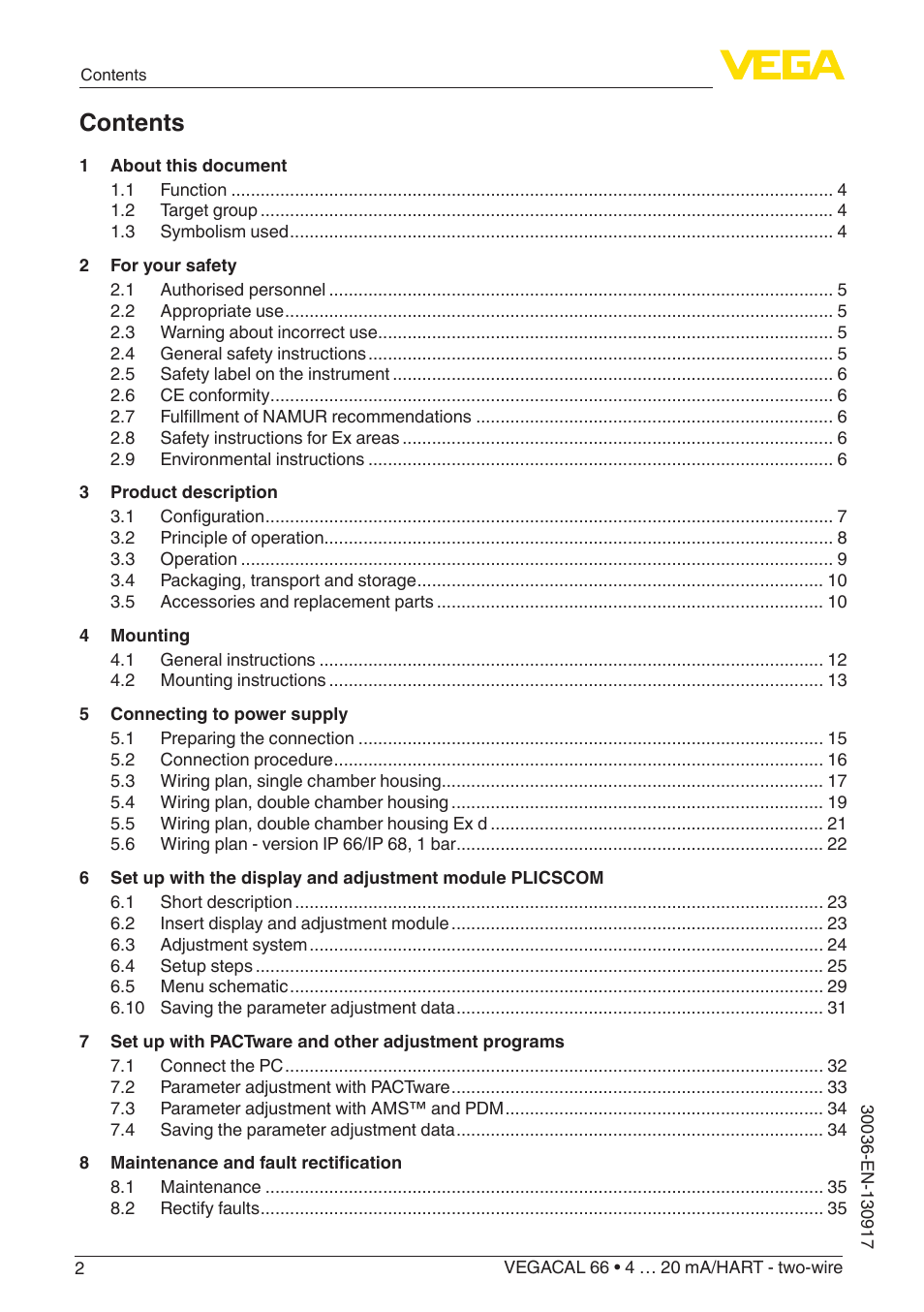 VEGA VEGACAL 66 4 … 20 mA_HART - two-wire User Manual | Page 2 / 52
