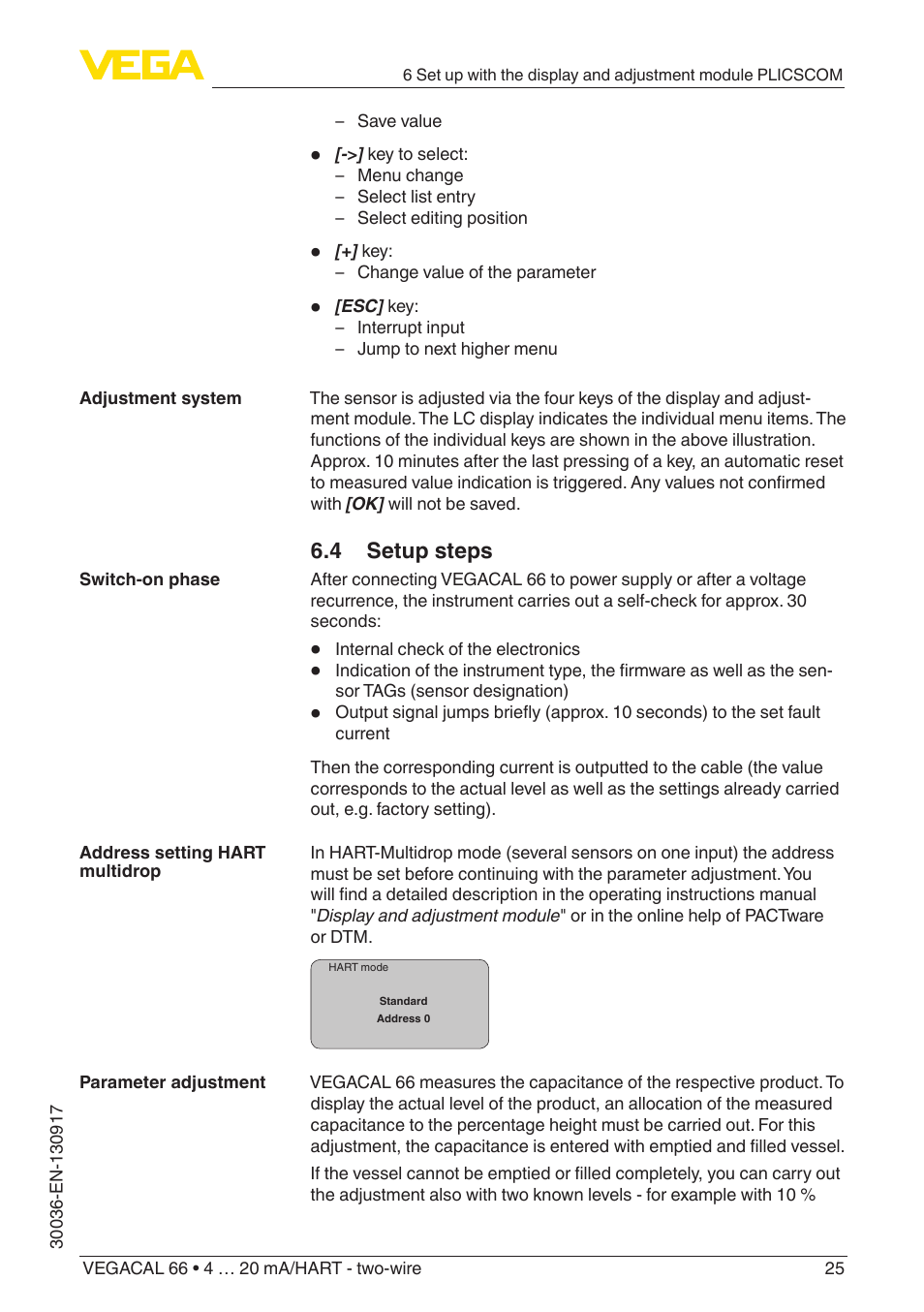 4 setup steps | VEGA VEGACAL 66 4 … 20 mA_HART - two-wire User Manual | Page 25 / 52