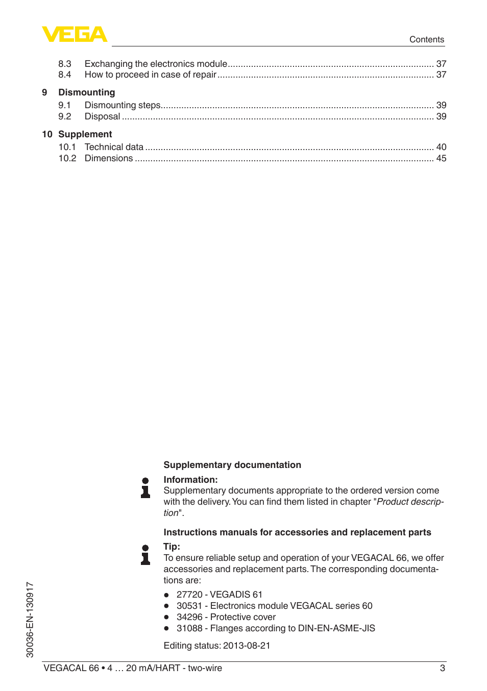 VEGA VEGACAL 66 4 … 20 mA_HART - two-wire User Manual | Page 3 / 52