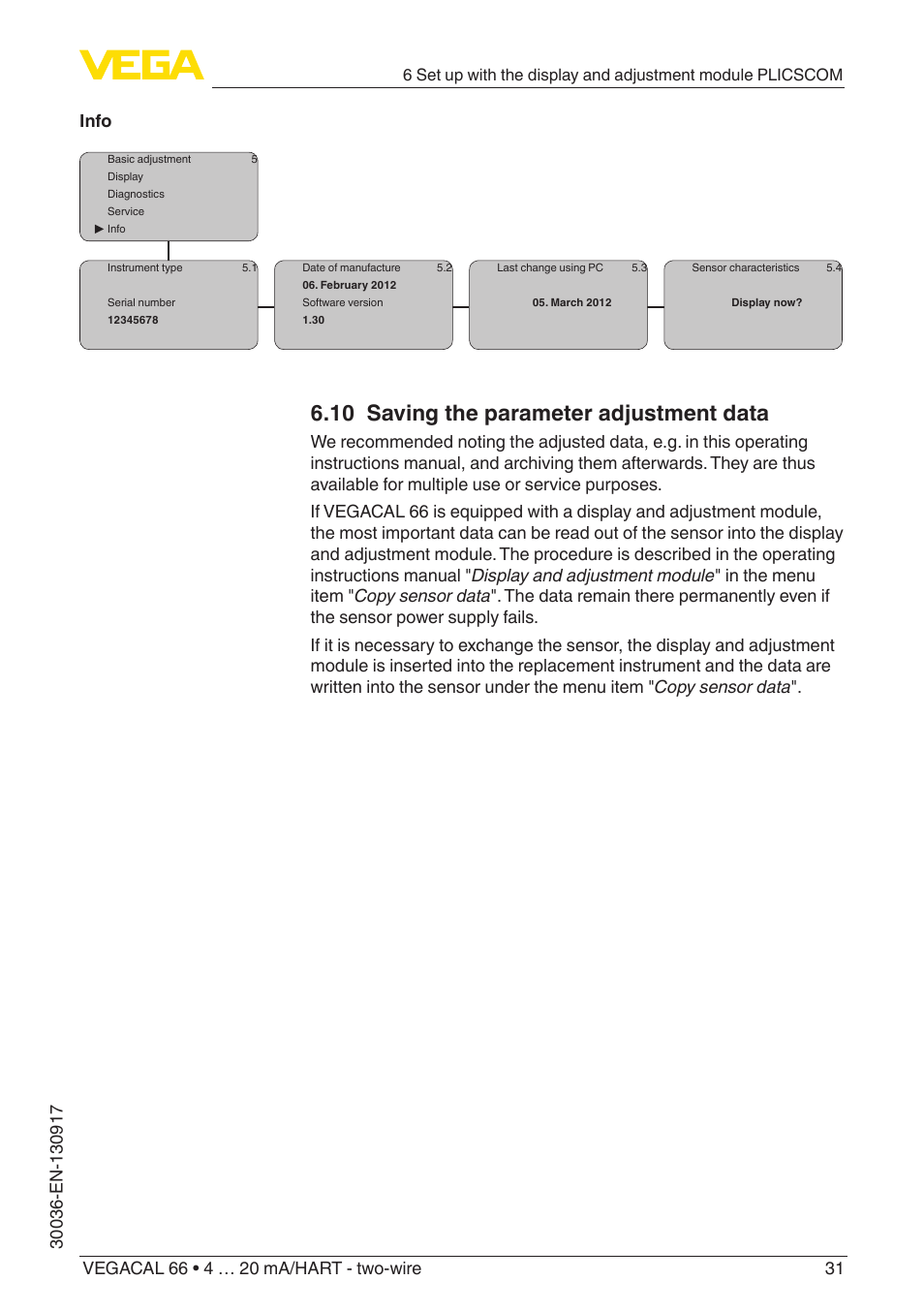 10 saving the parameter adjustment data | VEGA VEGACAL 66 4 … 20 mA_HART - two-wire User Manual | Page 31 / 52