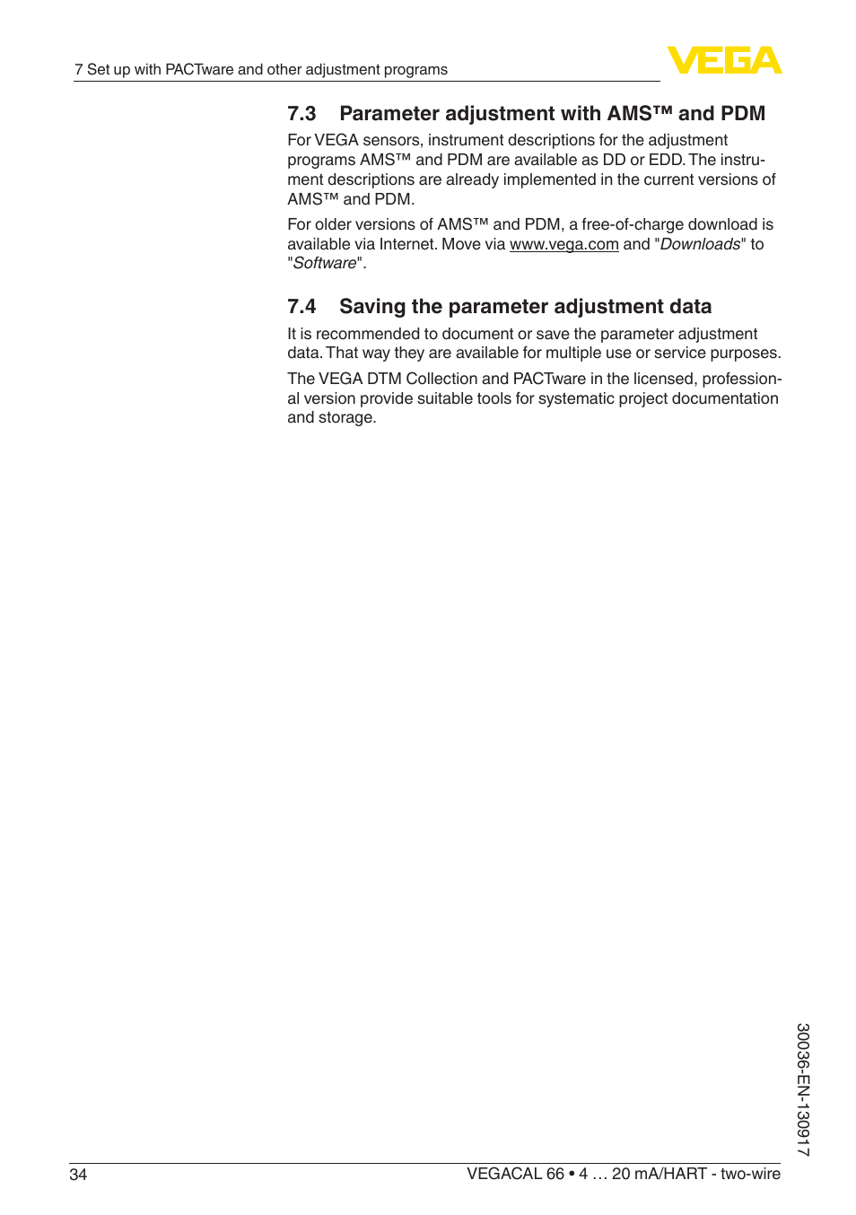 4 saving the parameter adjustment data, 3 parameter adjustment with ams™ and pdm | VEGA VEGACAL 66 4 … 20 mA_HART - two-wire User Manual | Page 34 / 52