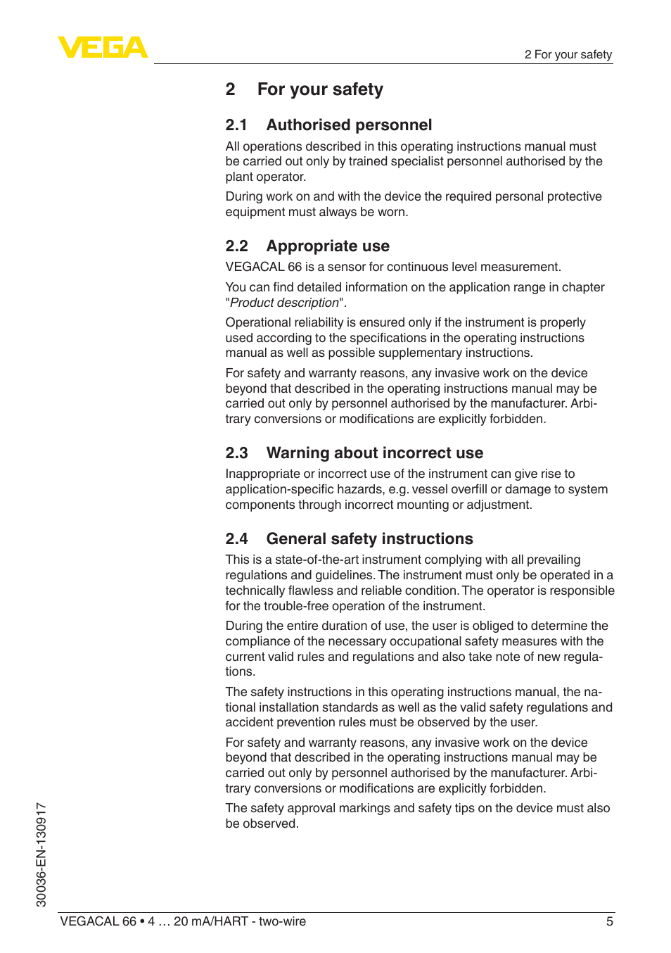 2 for your safety, 1 authorised personnel, 2 appropriate use | 3 warning about incorrect use, 4 general safety instructions | VEGA VEGACAL 66 4 … 20 mA_HART - two-wire User Manual | Page 5 / 52
