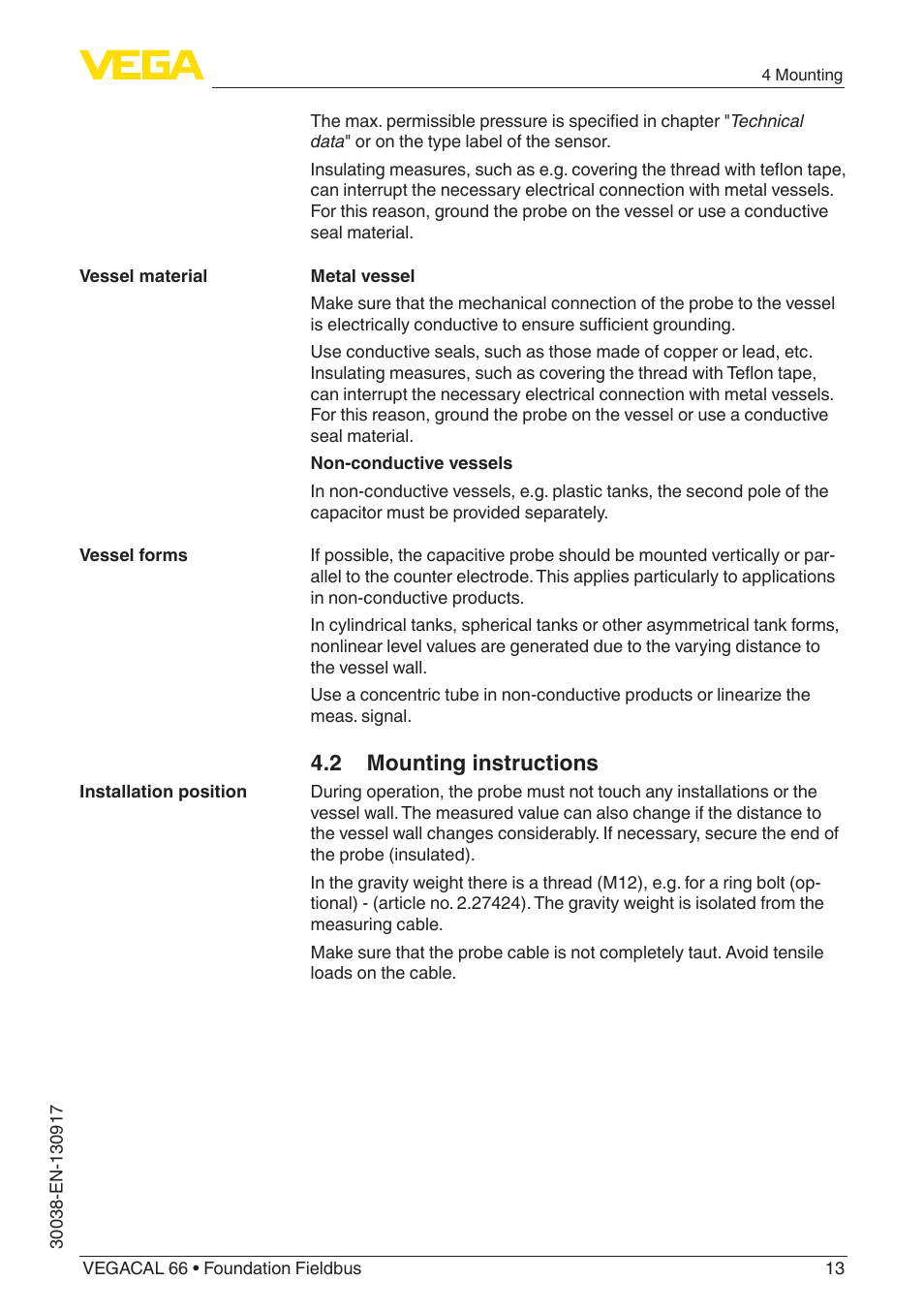 2 mounting instructions | VEGA VEGACAL 66 Foundation Fieldbus User Manual | Page 13 / 52