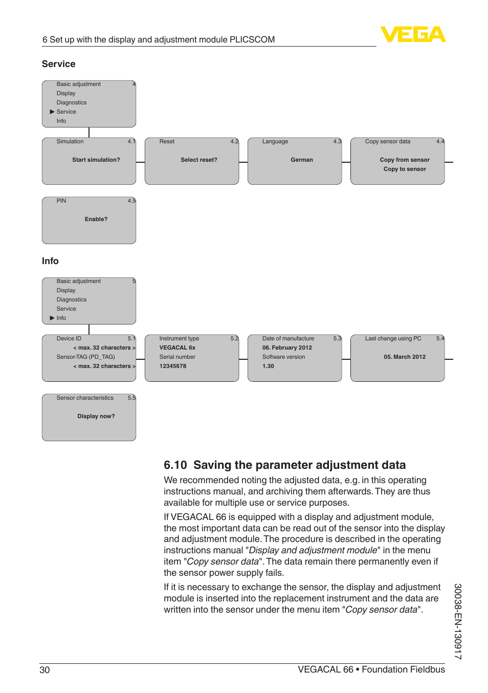 10 saving the parameter adjustment data, Info | VEGA VEGACAL 66 Foundation Fieldbus User Manual | Page 30 / 52