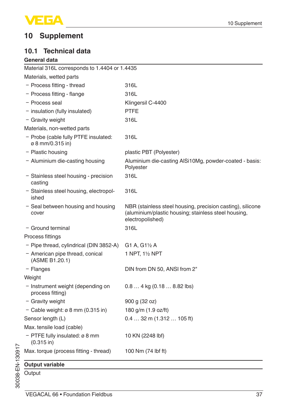 10 supplement, 1 technical data | VEGA VEGACAL 66 Foundation Fieldbus User Manual | Page 37 / 52