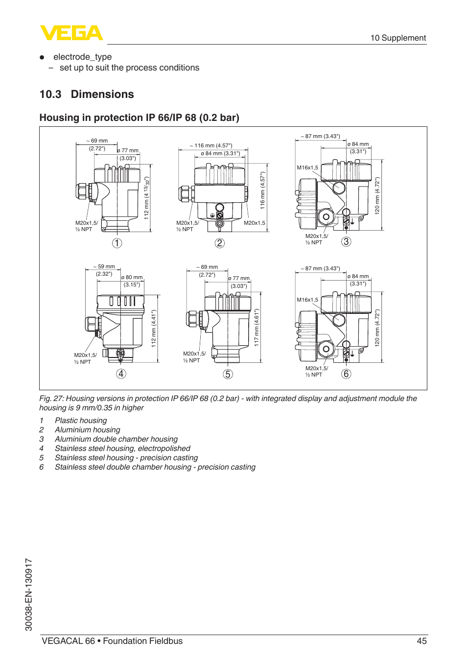 3 dimensions, 10 supplement | VEGA VEGACAL 66 Foundation Fieldbus User Manual | Page 45 / 52
