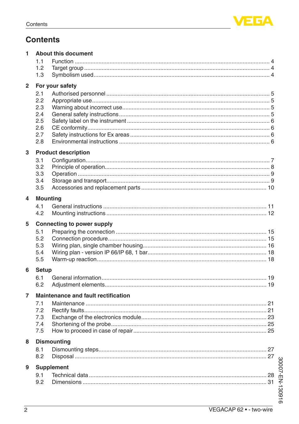 VEGA VEGACAP 62 - two-wire User Manual | Page 2 / 40