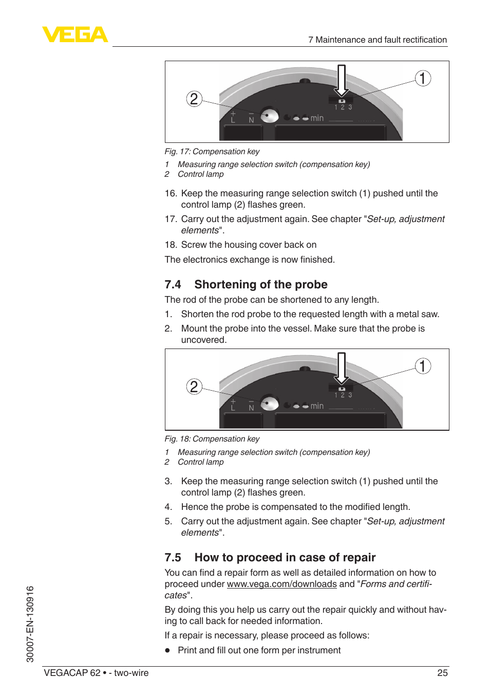 4 shortening of the probe, 5 how to proceed in case of repair | VEGA VEGACAP 62 - two-wire User Manual | Page 25 / 40