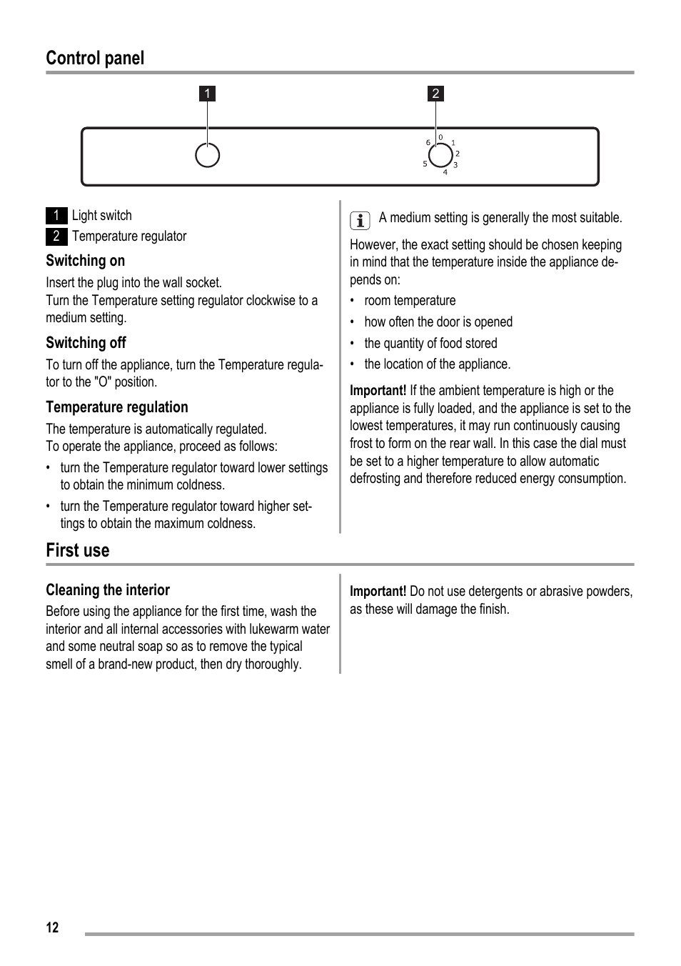 Control panel, First use | ZANKER ZKK 9008 User Manual | Page 12 / 36