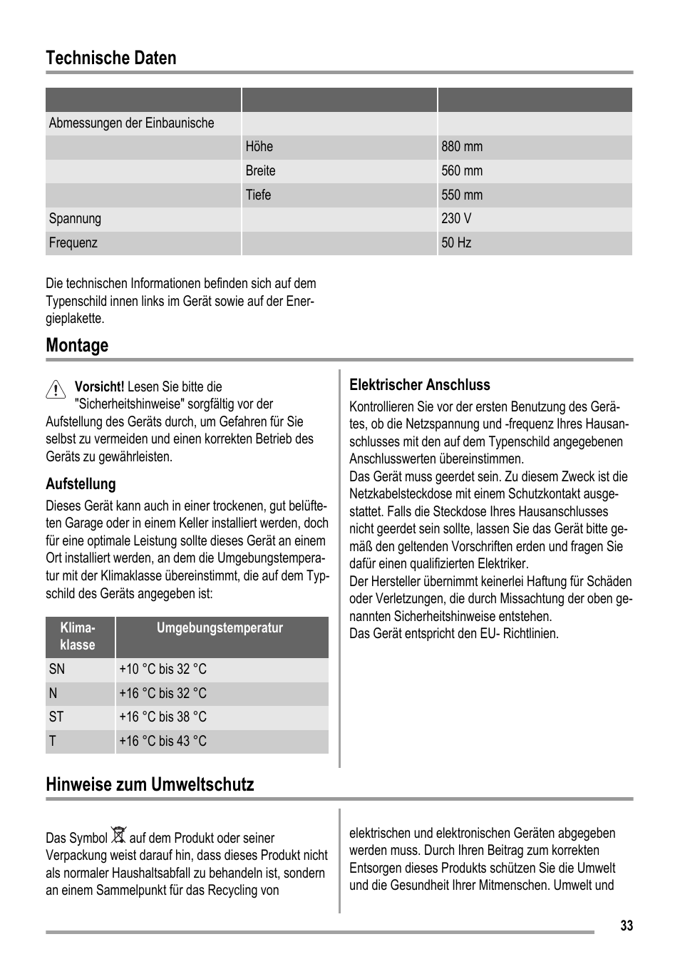 Technische daten, Montage, Hinweise zum umweltschutz | ZANKER ZKK 9008 User Manual | Page 33 / 36