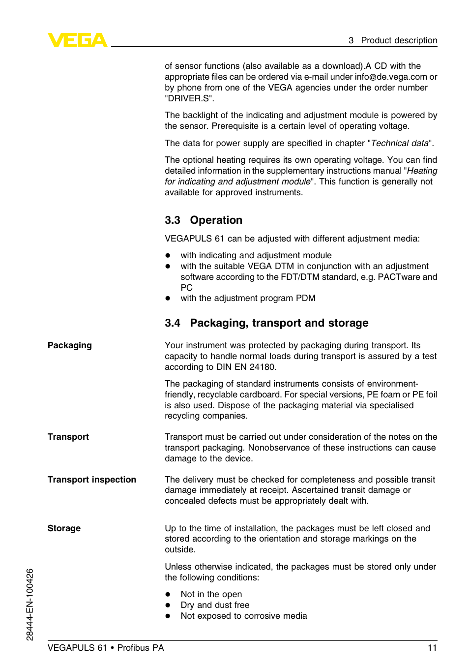 3 operation, 4 packaging, transport and storage | VEGA VEGAPULS 61 (≥ 2.0.0 - ≤ 3.8) Proﬁbus PA User Manual | Page 11 / 76