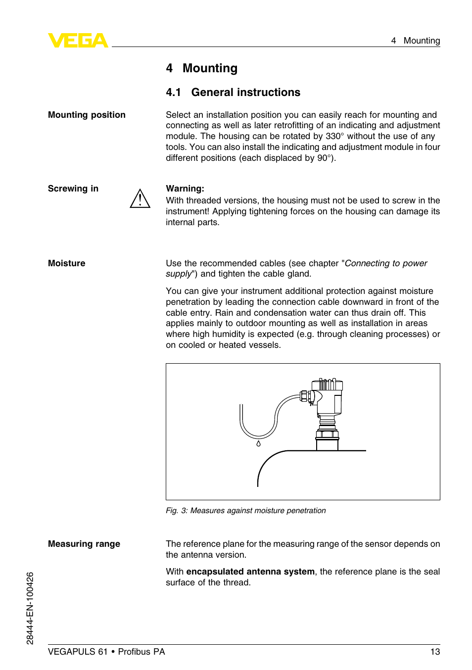 4 mounting, 1 general instructions | VEGA VEGAPULS 61 (≥ 2.0.0 - ≤ 3.8) Proﬁbus PA User Manual | Page 13 / 76