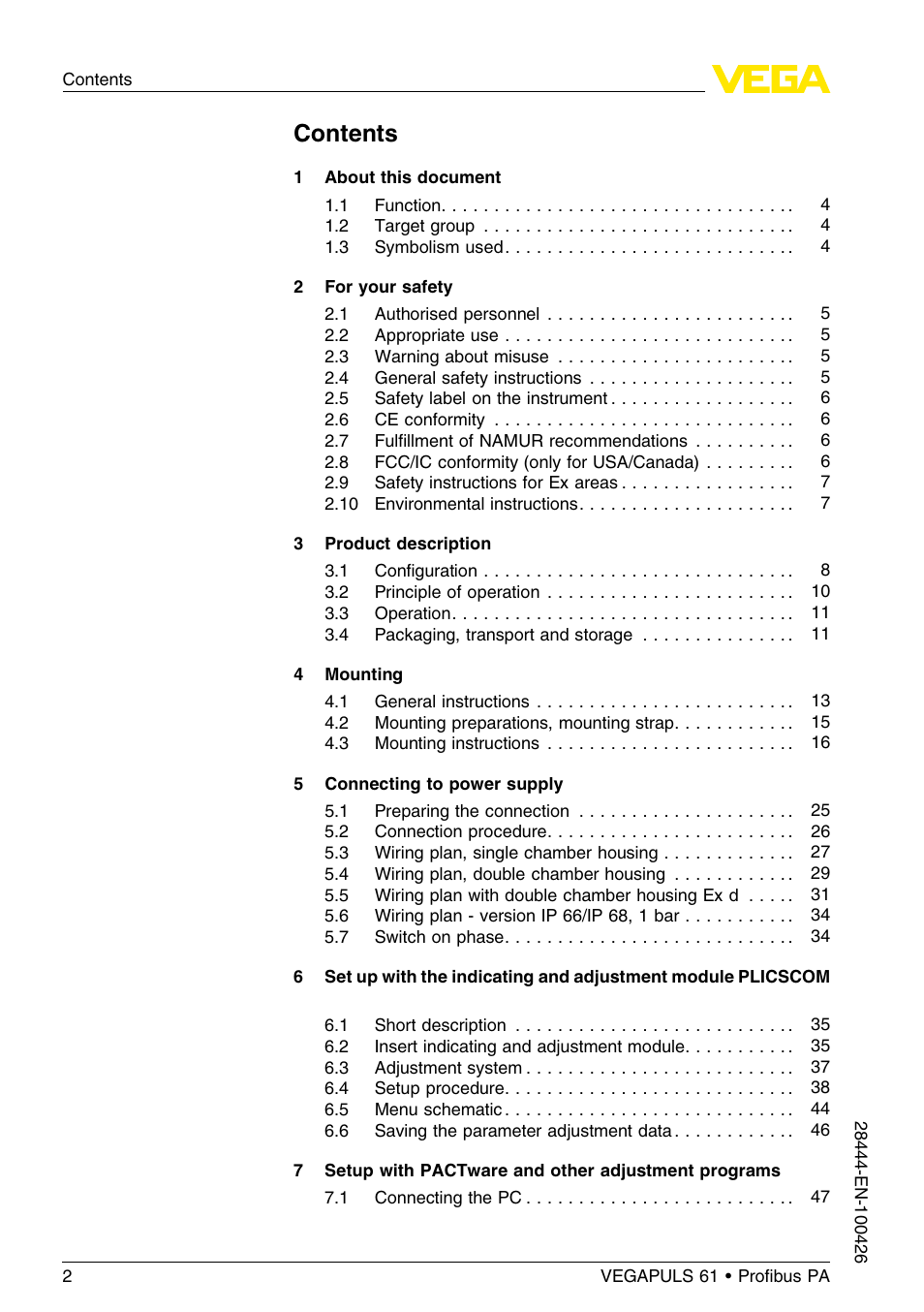VEGA VEGAPULS 61 (≥ 2.0.0 - ≤ 3.8) Proﬁbus PA User Manual | Page 2 / 76