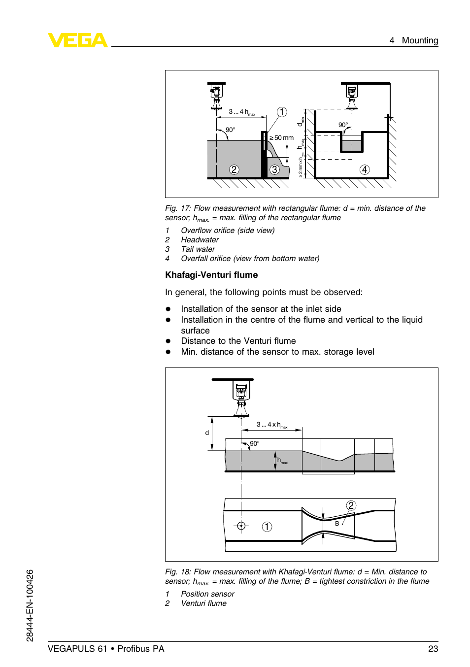 Installation of the sensor at the inlet side, Distance to the venturi ﬂume, Min. distance of the sensor to max. storage level | VEGA VEGAPULS 61 (≥ 2.0.0 - ≤ 3.8) Proﬁbus PA User Manual | Page 23 / 76