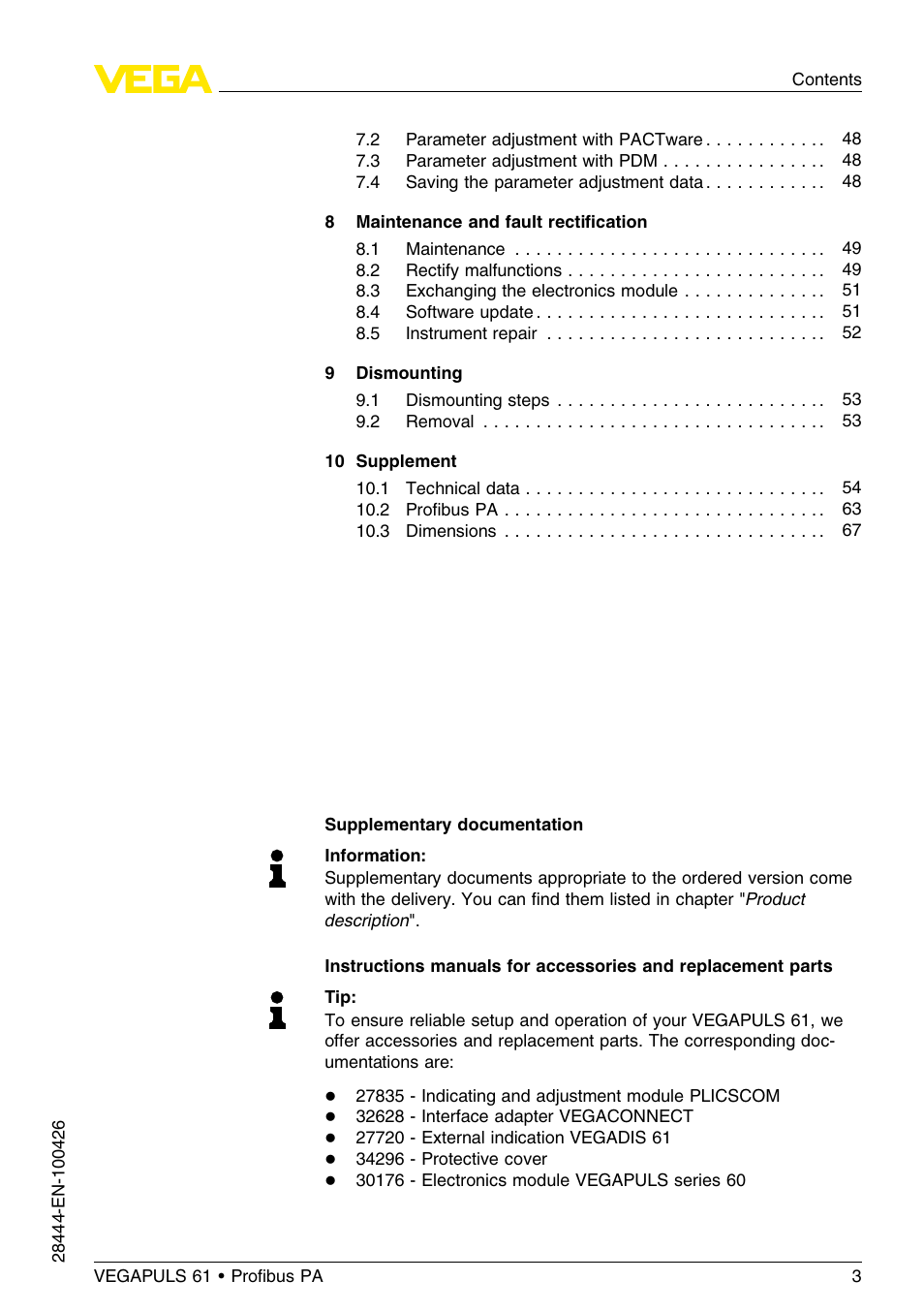 VEGA VEGAPULS 61 (≥ 2.0.0 - ≤ 3.8) Proﬁbus PA User Manual | Page 3 / 76