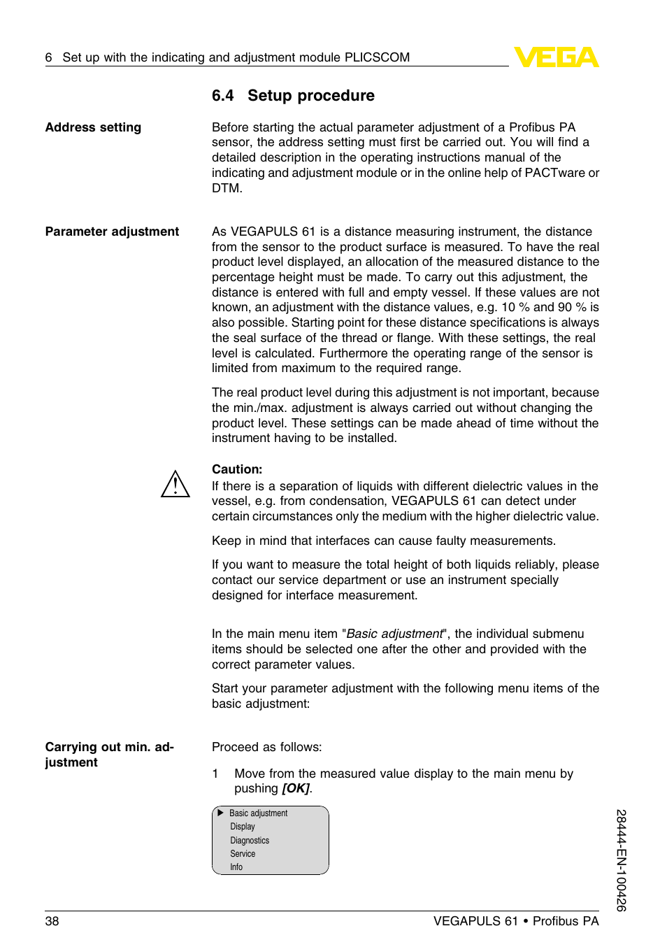 4 setup procedure | VEGA VEGAPULS 61 (≥ 2.0.0 - ≤ 3.8) Proﬁbus PA User Manual | Page 38 / 76