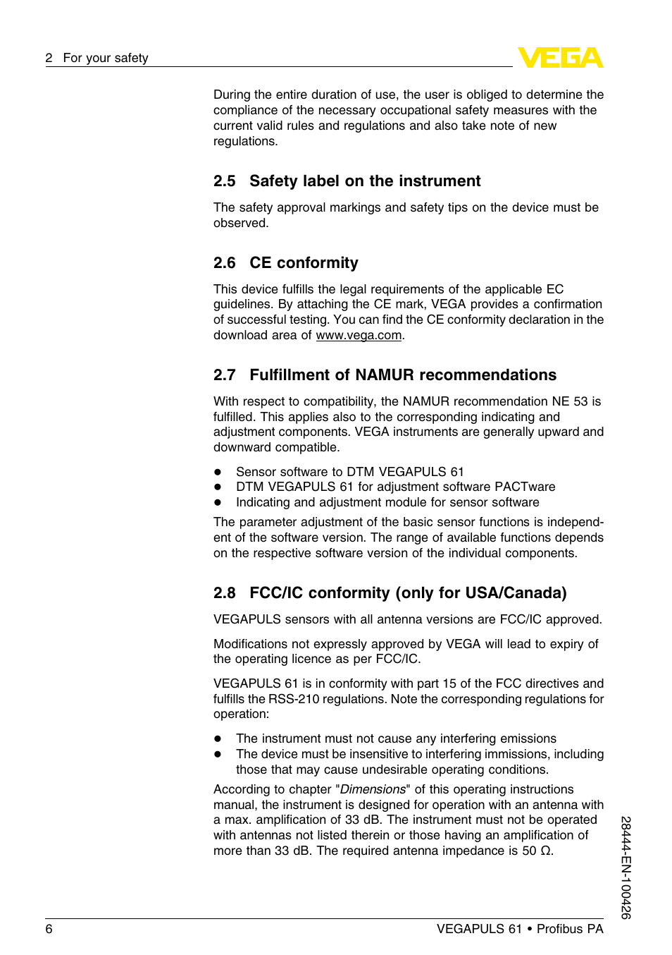 5 safety label on the instrument, 6 ce conformity, 7 fulfillment of namur recommendations | 8 fcc/ic conformity (only for usa/canada), 7 fulﬁllment of namur recommendations | VEGA VEGAPULS 61 (≥ 2.0.0 - ≤ 3.8) Proﬁbus PA User Manual | Page 6 / 76