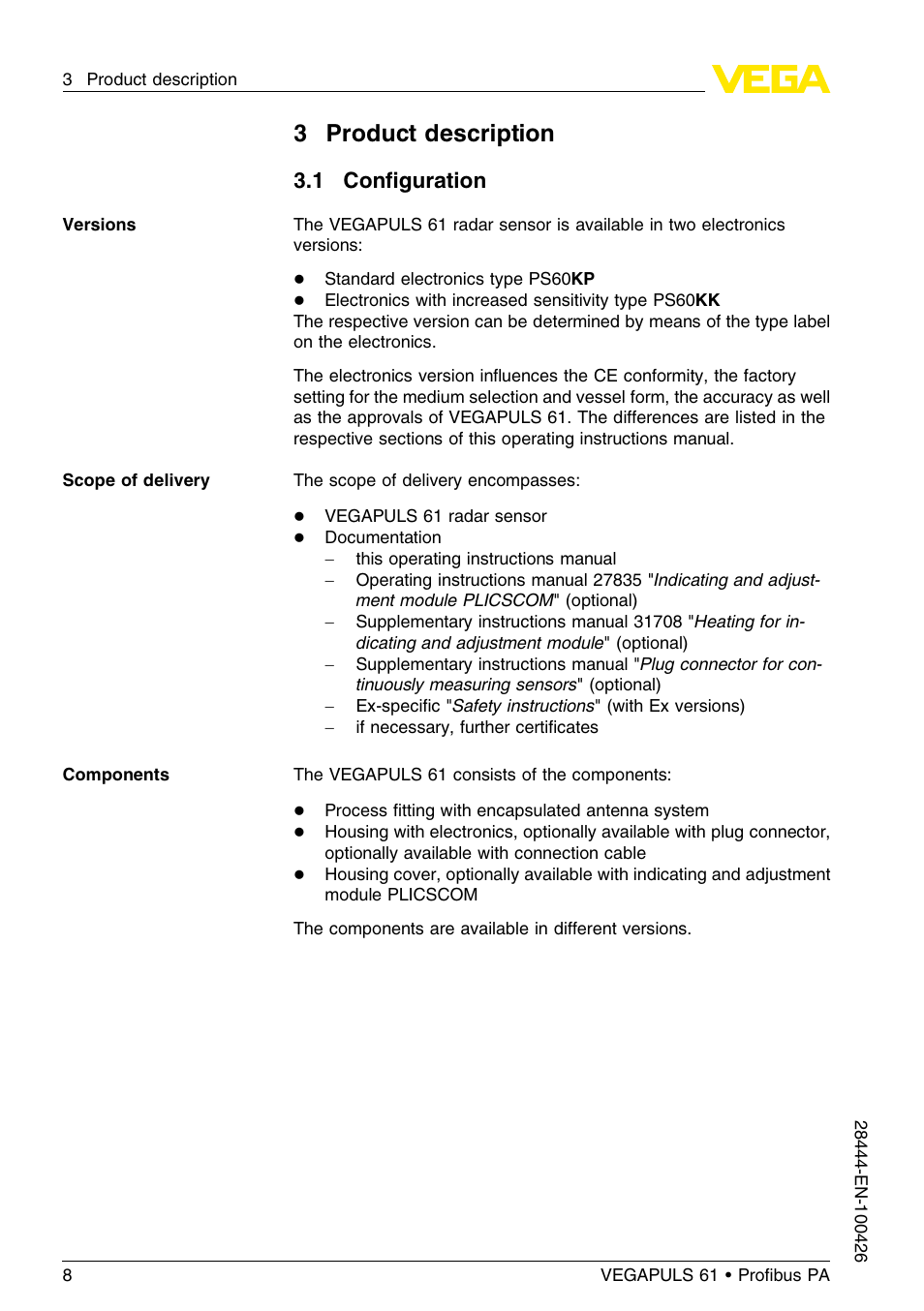 3 product description, 1 configuration, 1 conﬁguration | VEGA VEGAPULS 61 (≥ 2.0.0 - ≤ 3.8) Proﬁbus PA User Manual | Page 8 / 76