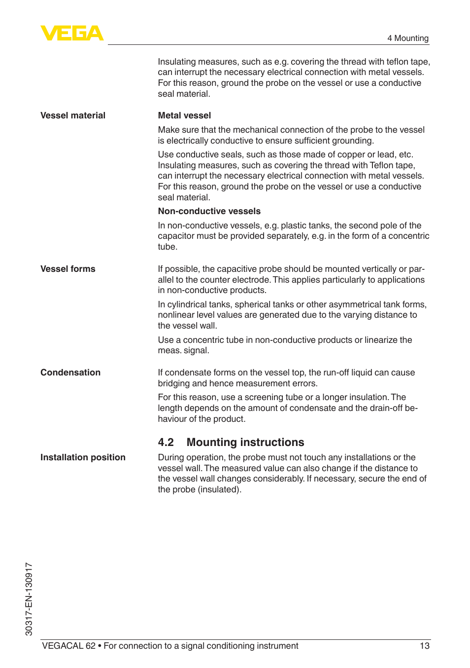 2 mounting instructions | VEGA VEGACAL 62 For connection to a signal conditioning instrument User Manual | Page 13 / 36