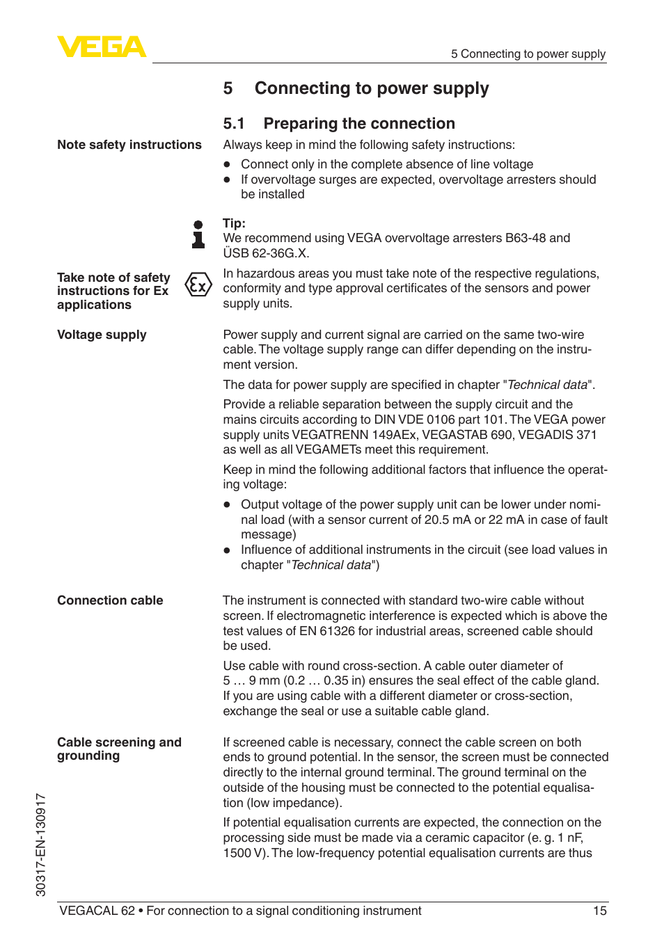 5 connecting to power supply, 1 preparing the connection | VEGA VEGACAL 62 For connection to a signal conditioning instrument User Manual | Page 15 / 36