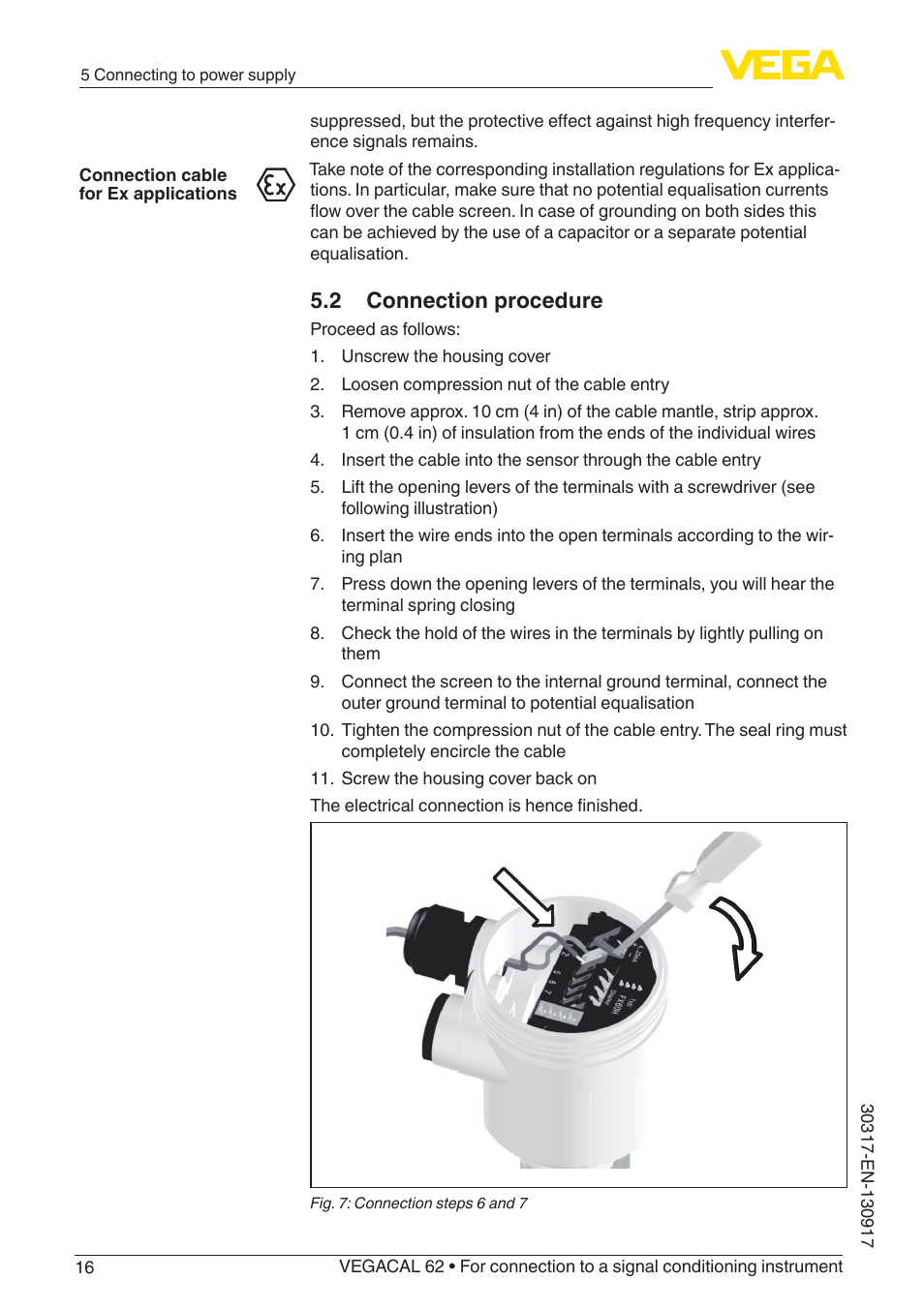 2 connection procedure | VEGA VEGACAL 62 For connection to a signal conditioning instrument User Manual | Page 16 / 36
