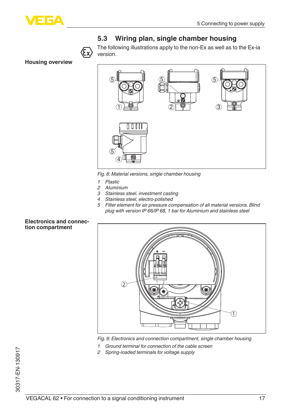 3 wiring plan, single chamber housing | VEGA VEGACAL 62 For connection to a signal conditioning instrument User Manual | Page 17 / 36