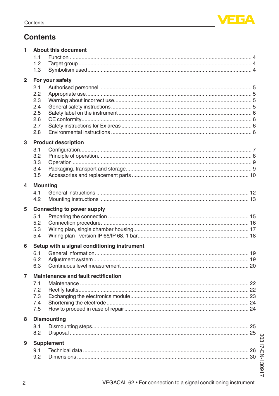 VEGA VEGACAL 62 For connection to a signal conditioning instrument User Manual | Page 2 / 36