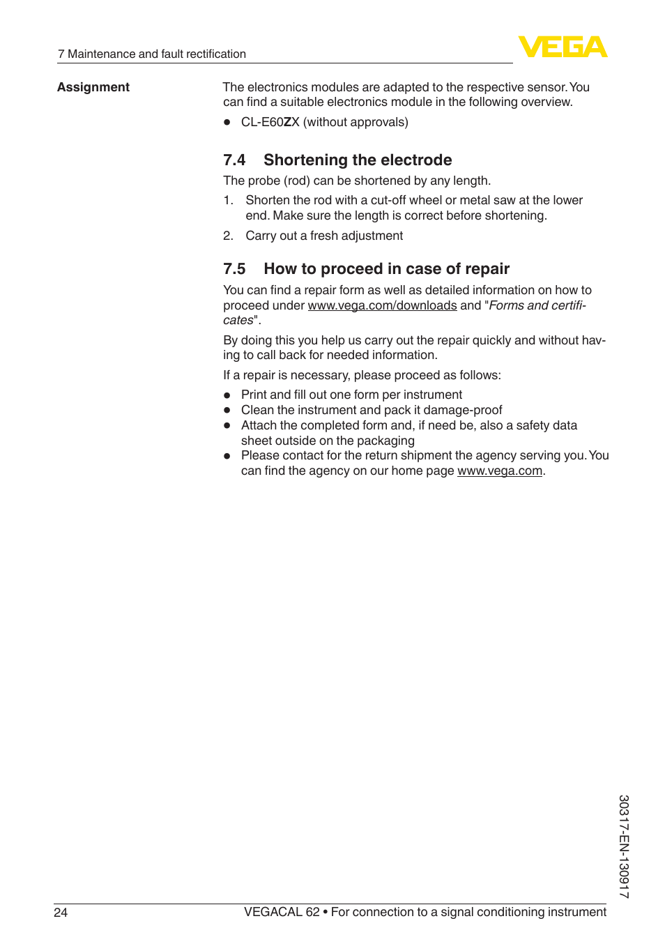 4 shortening the electrode, 5 how to proceed in case of repair | VEGA VEGACAL 62 For connection to a signal conditioning instrument User Manual | Page 24 / 36