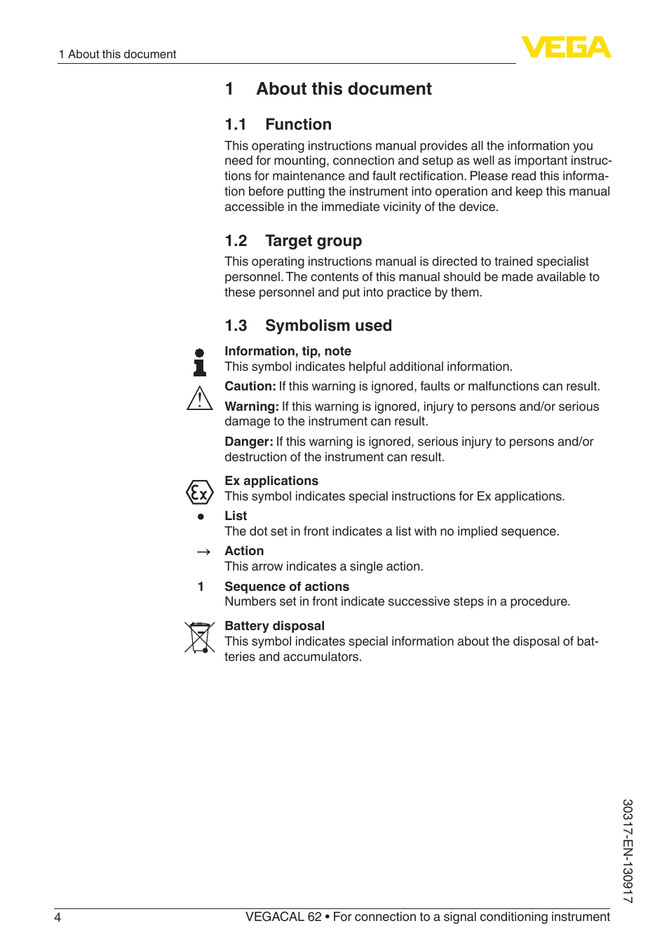 1 about this document, 1 function, 2 target group | 3 symbolism used | VEGA VEGACAL 62 For connection to a signal conditioning instrument User Manual | Page 4 / 36