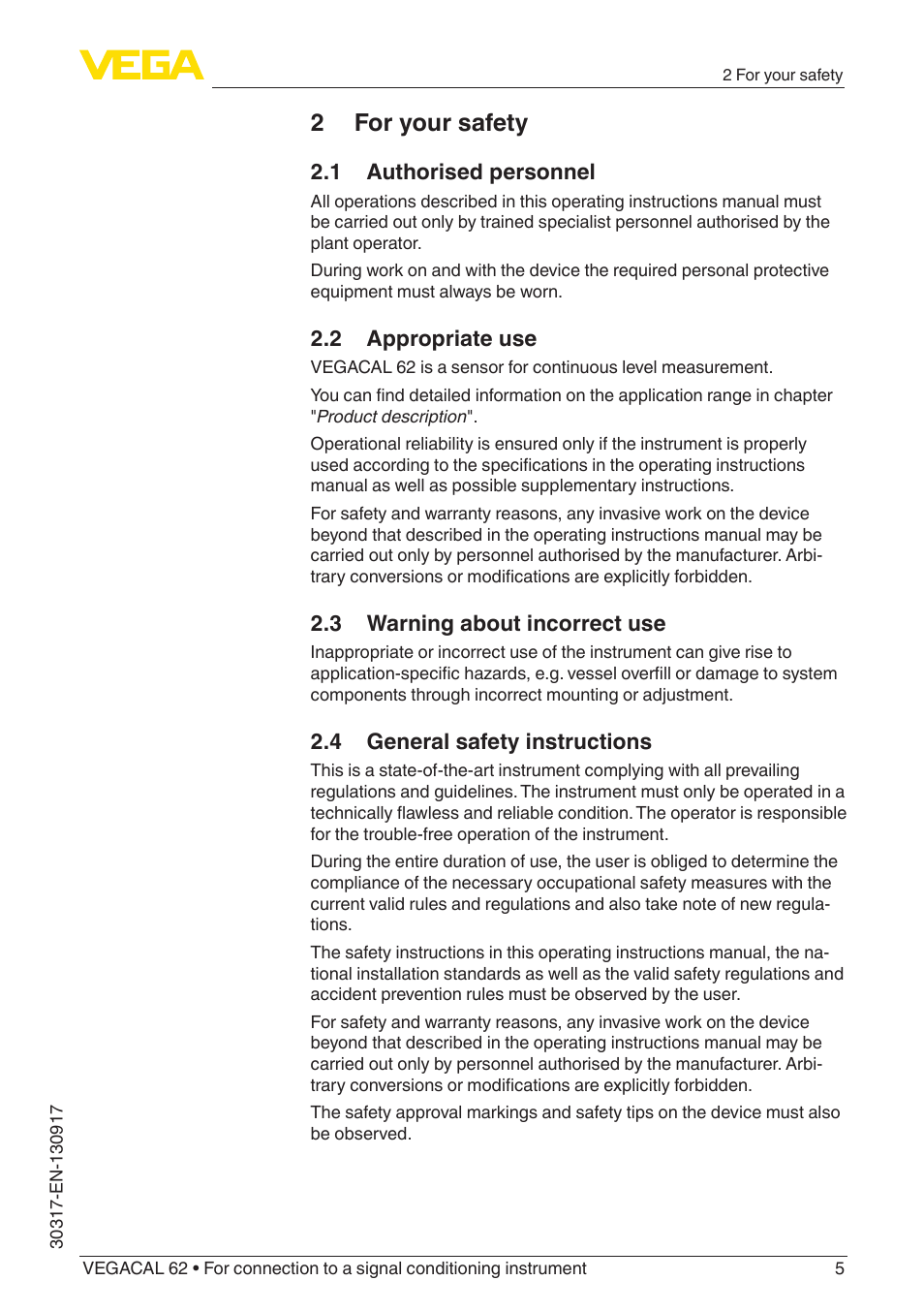 2 for your safety, 1 authorised personnel, 2 appropriate use | 3 warning about incorrect use, 4 general safety instructions | VEGA VEGACAL 62 For connection to a signal conditioning instrument User Manual | Page 5 / 36