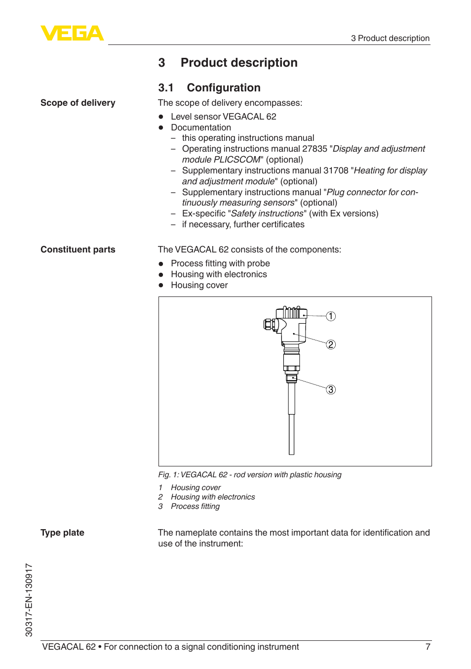 3 product description, 1 configuration | VEGA VEGACAL 62 For connection to a signal conditioning instrument User Manual | Page 7 / 36