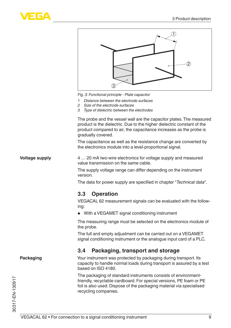 3 operation, 4 packaging, transport and storage | VEGA VEGACAL 62 For connection to a signal conditioning instrument User Manual | Page 9 / 36