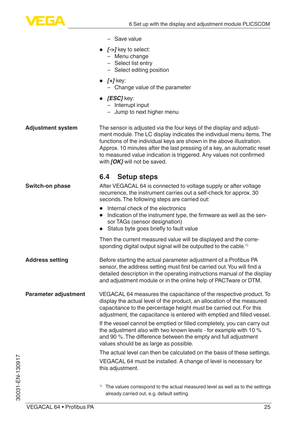 4 setup steps | VEGA VEGACAL 64 Profibus PA User Manual | Page 25 / 48