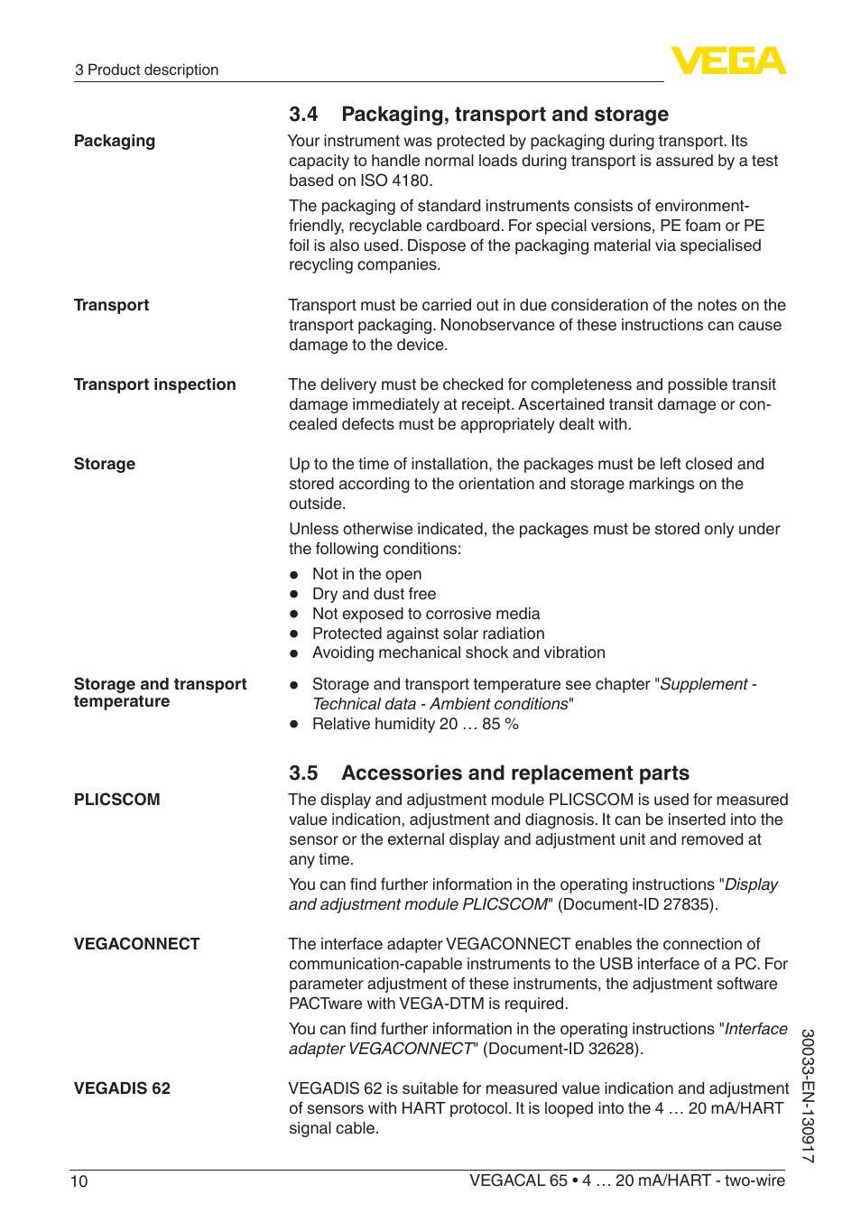 4 packaging, transport and storage, 5 accessories and replacement parts | VEGA VEGACAL 65 4 … 20 mA_HART - two-wire User Manual | Page 10 / 52