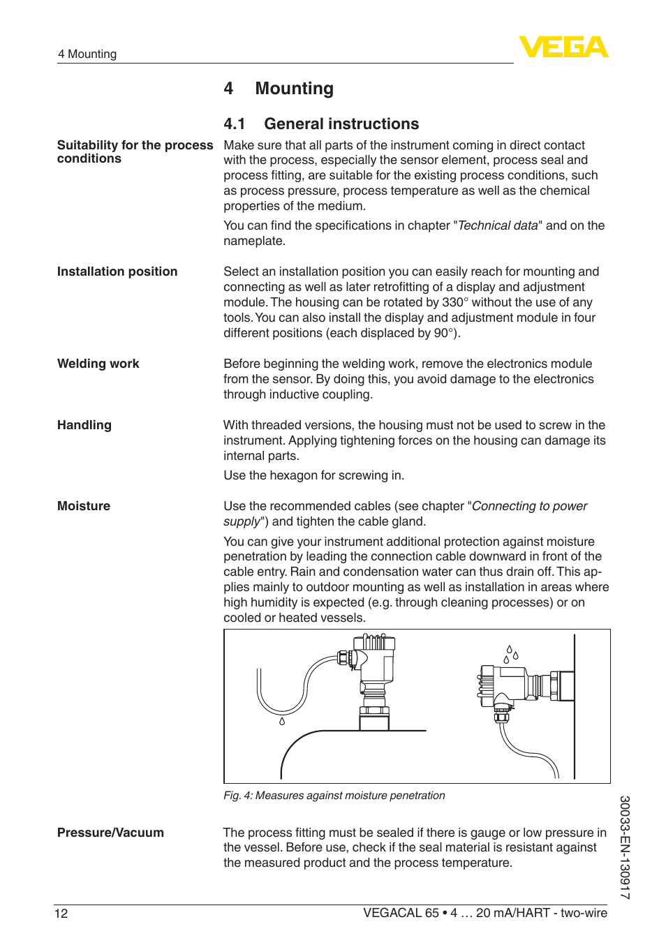 4 mounting, 1 general instructions | VEGA VEGACAL 65 4 … 20 mA_HART - two-wire User Manual | Page 12 / 52