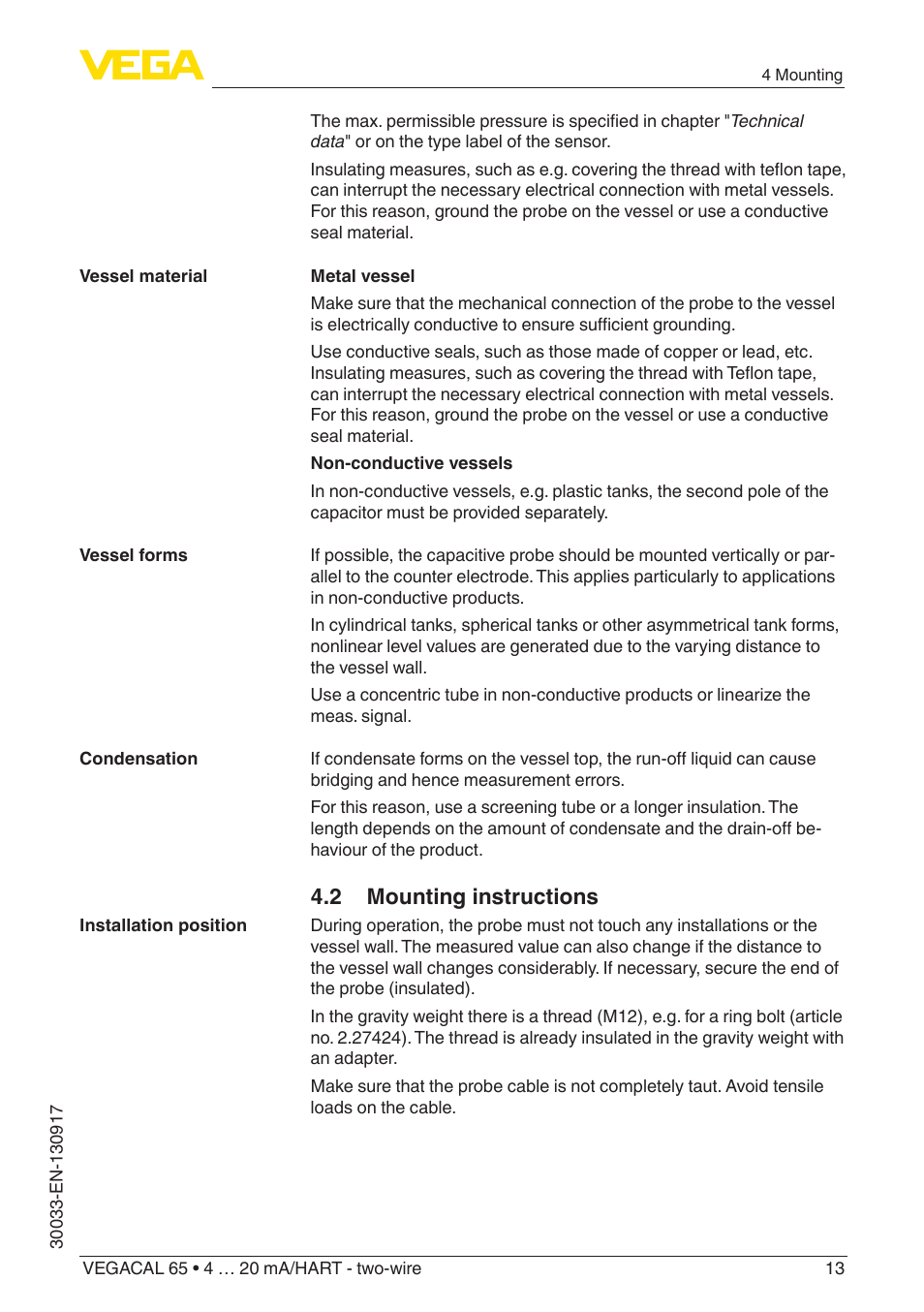 2 mounting instructions | VEGA VEGACAL 65 4 … 20 mA_HART - two-wire User Manual | Page 13 / 52