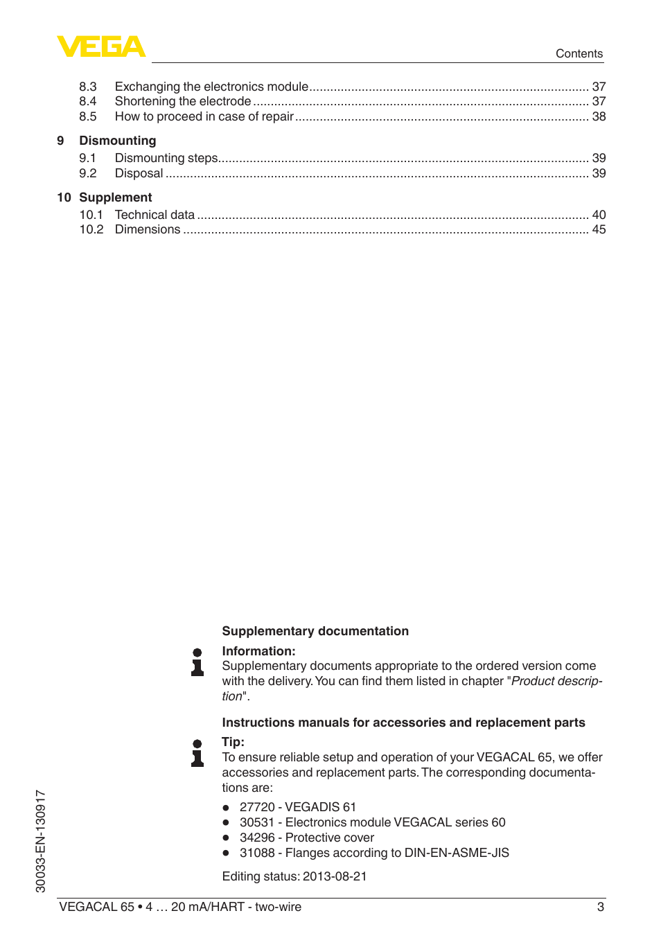 VEGA VEGACAL 65 4 … 20 mA_HART - two-wire User Manual | Page 3 / 52