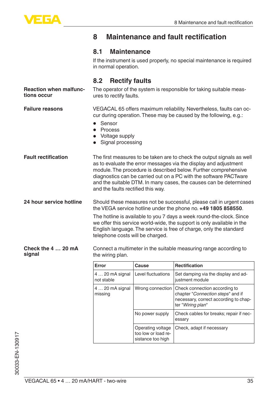 8 maintenance and fault rectification, 1 maintenance, 2 rectify faults | VEGA VEGACAL 65 4 … 20 mA_HART - two-wire User Manual | Page 35 / 52