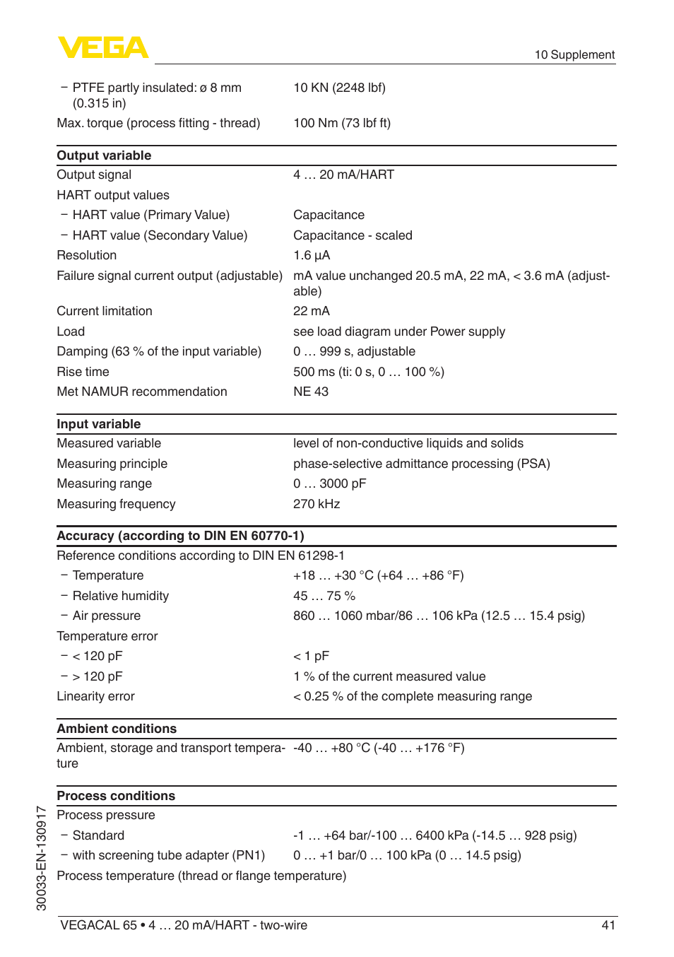 VEGA VEGACAL 65 4 … 20 mA_HART - two-wire User Manual | Page 41 / 52