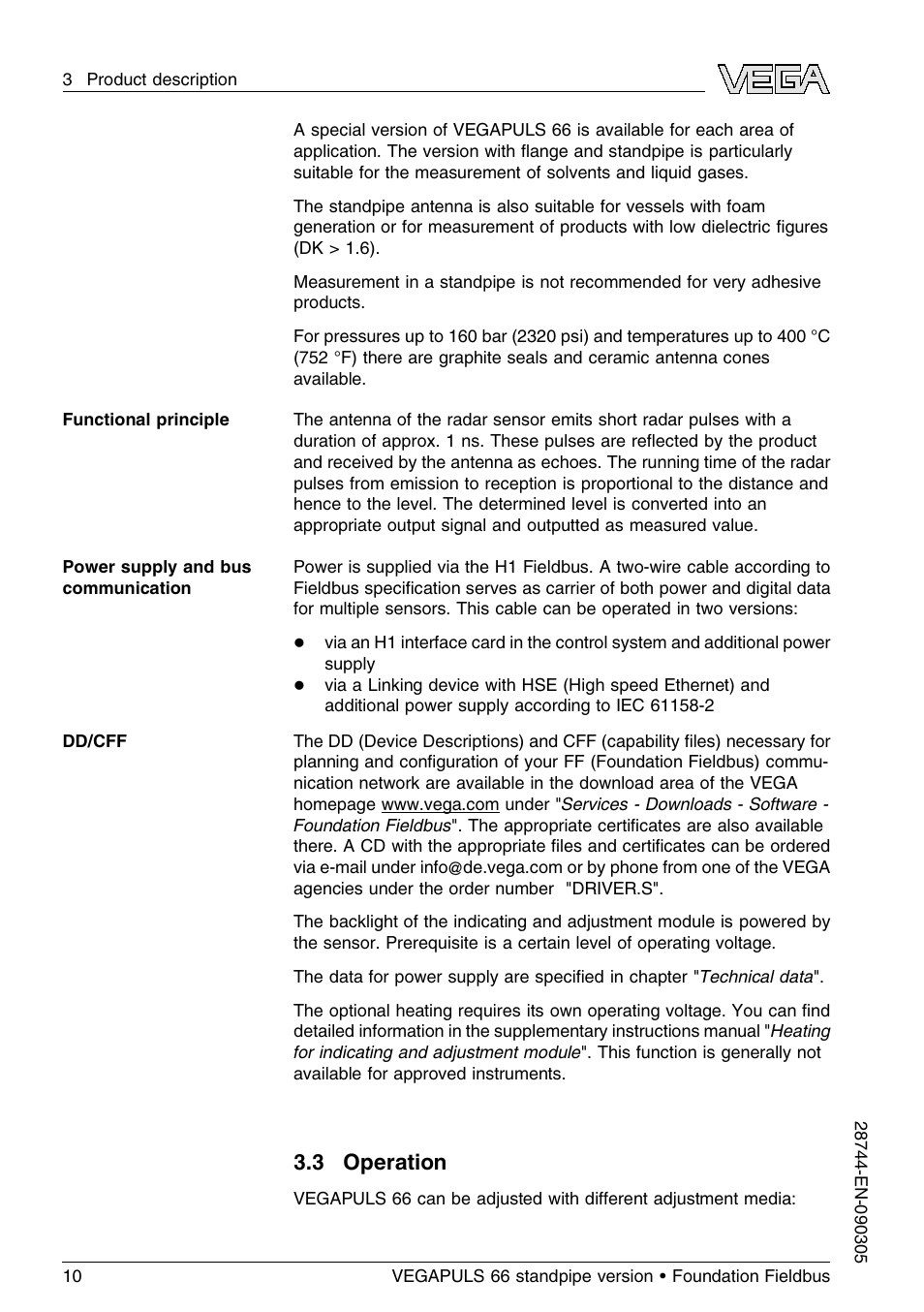 3 operation | VEGA VEGAPULS 66 (≥ 2.0.0 - ≤ 3.8) standpipe ver. Foundation Fieldbus User Manual | Page 10 / 60
