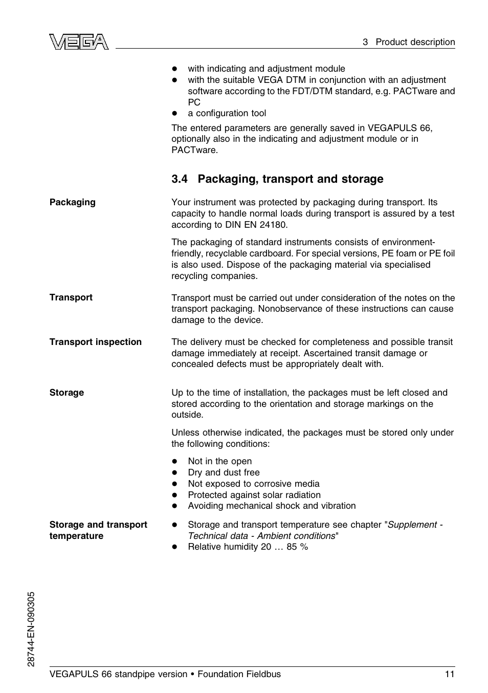 4 packaging, transport and storage | VEGA VEGAPULS 66 (≥ 2.0.0 - ≤ 3.8) standpipe ver. Foundation Fieldbus User Manual | Page 11 / 60