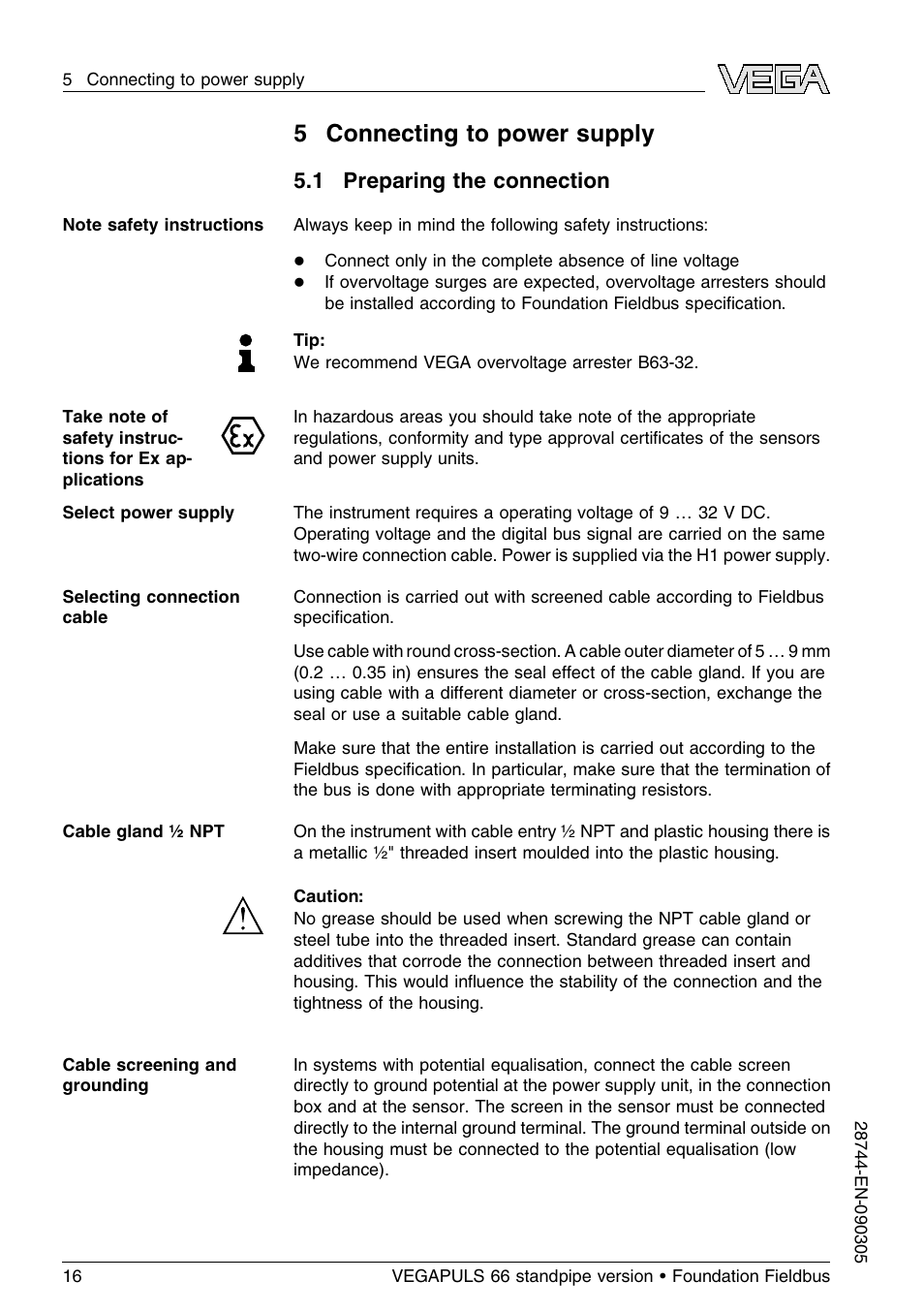 5 connecting to power supply, 1 preparing the connection | VEGA VEGAPULS 66 (≥ 2.0.0 - ≤ 3.8) standpipe ver. Foundation Fieldbus User Manual | Page 16 / 60