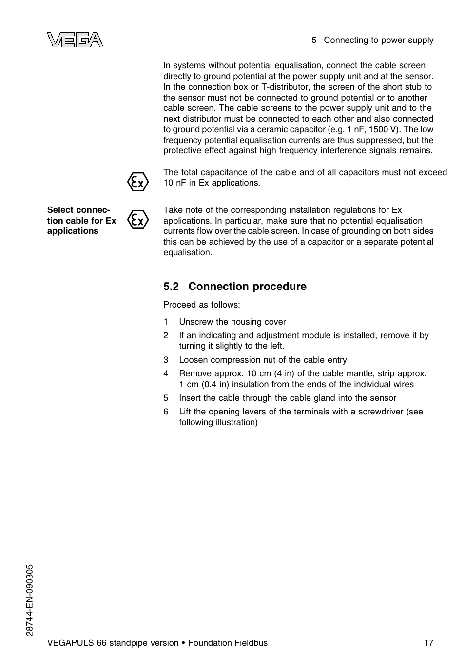 2 connection procedure | VEGA VEGAPULS 66 (≥ 2.0.0 - ≤ 3.8) standpipe ver. Foundation Fieldbus User Manual | Page 17 / 60